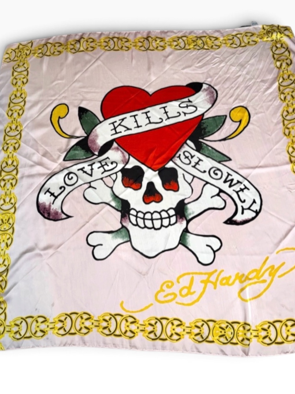 Ed Hardy 42” x 42” Red Heart Skull Banner Scarf - NWT